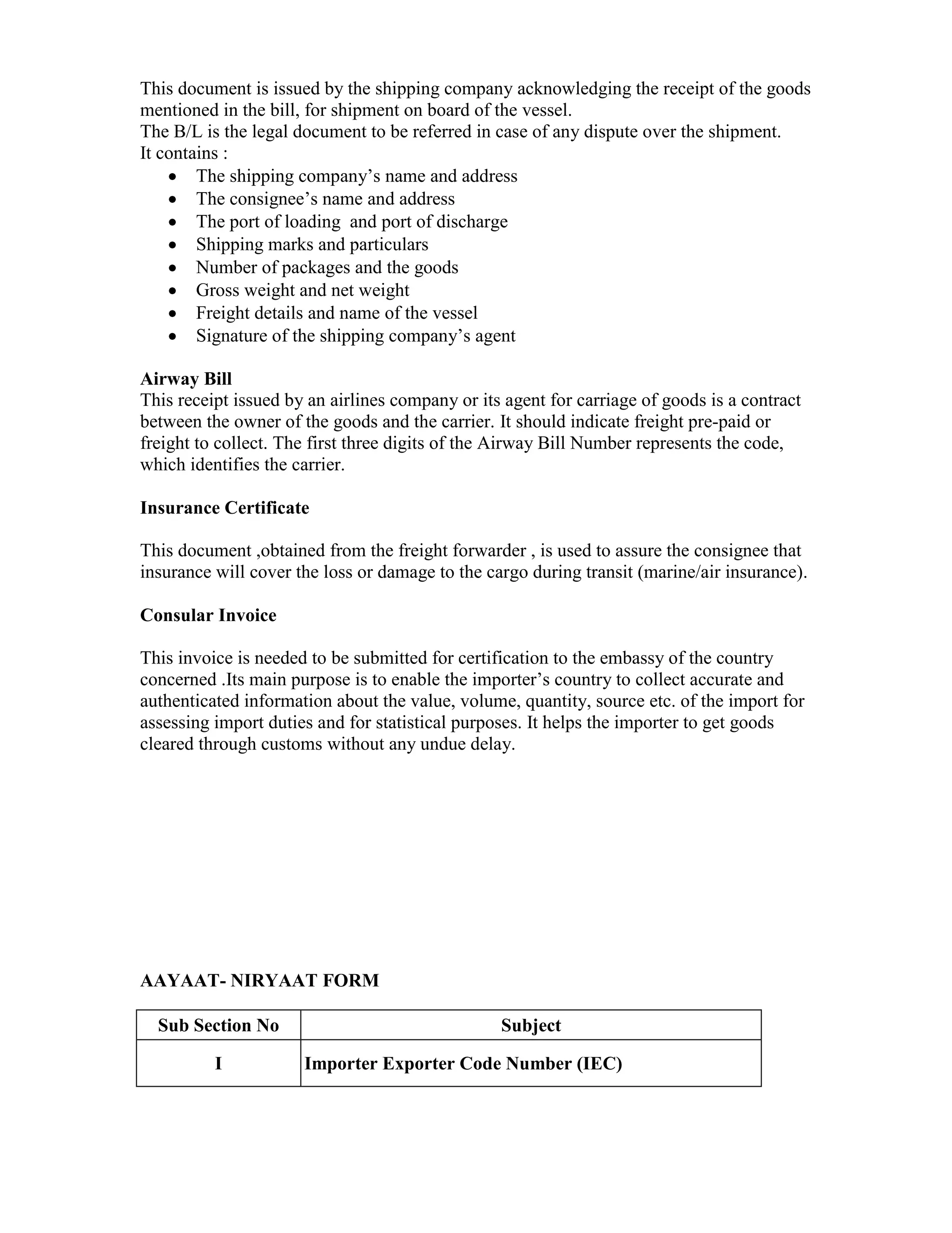 This document is issued by the shipping company acknowledging the receipt of the goods
mentioned in the bill, for shipment on board of the vessel.
The B/L is the legal document to be referred in case of any dispute over the shipment.
It contains :
The shipping company’s name and address
The consignee’s name and address
The port of loading and port of discharge
Shipping marks and particulars
Number of packages and the goods
Gross weight and net weight
Freight details and name of the vessel
Signature of the shipping company’s agent
Airway Bill
This receipt issued by an airlines company or its agent for carriage of goods is a contract
between the owner of the goods and the carrier. It should indicate freight pre-paid or
freight to collect. The first three digits of the Airway Bill Number represents the code,
which identifies the carrier.
Insurance Certificate
This document ,obtained from the freight forwarder , is used to assure the consignee that
insurance will cover the loss or damage to the cargo during transit (marine/air insurance).
Consular Invoice
This invoice is needed to be submitted for certification to the embassy of the country
concerned .Its main purpose is to enable the importer’s country to collect accurate and
authenticated information about the value, volume, quantity, source etc. of the import for
assessing import duties and for statistical purposes. It helps the importer to get goods
cleared through customs without any undue delay.
AAYAAT- NIRYAAT FORM
Sub Section No Subject
I Importer Exporter Code Number (IEC)
 