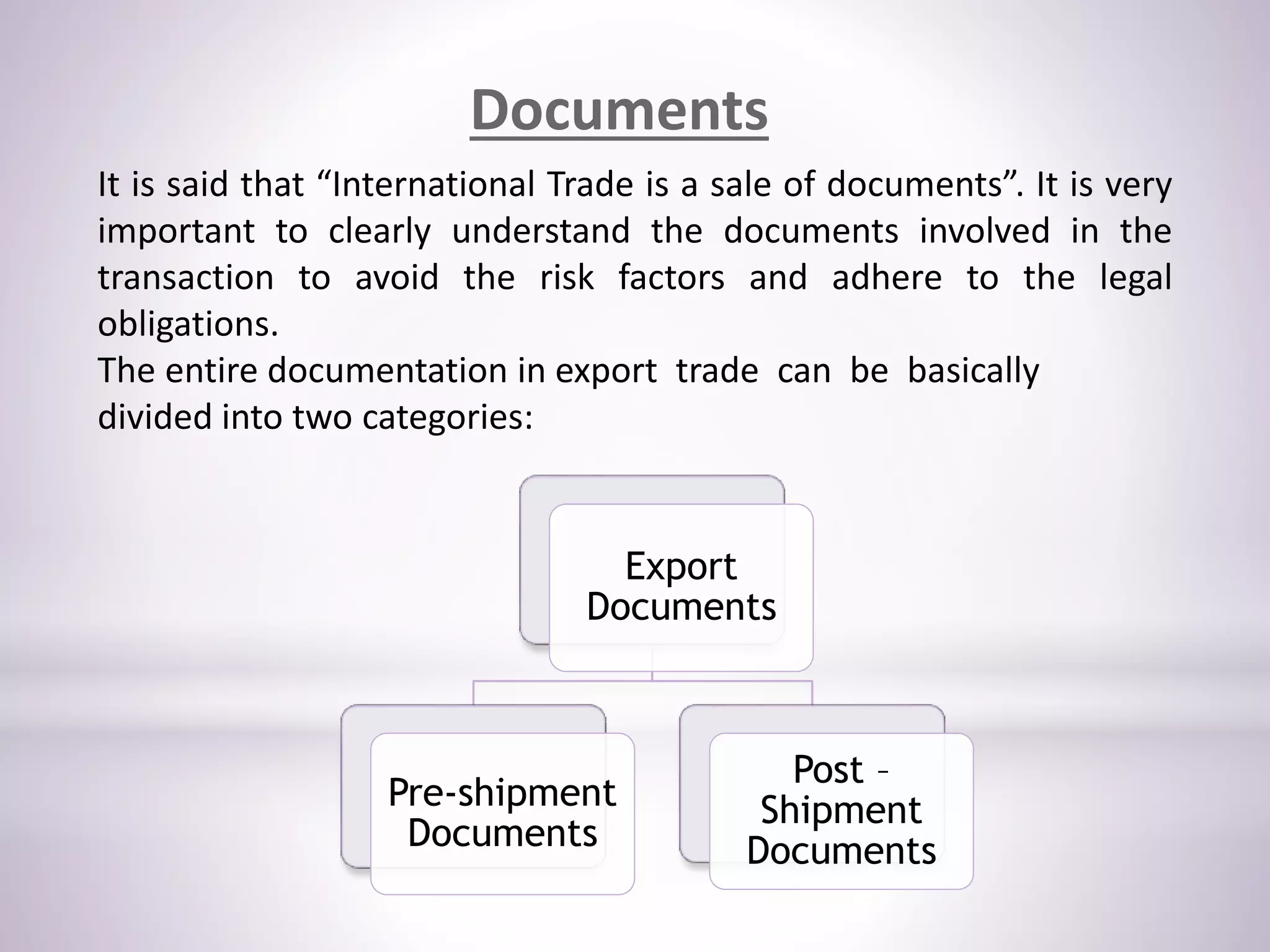 Documents
It is said that “International Trade is a sale of documents”. It is very
important to clearly understand the documents involved in the
transaction to avoid the risk factors and adhere to the legal
obligations.
The entire documentation in export trade can be basically
divided into two categories:
Export
Documents
Pre-shipment
Documents
Post –
Shipment
Documents
 