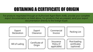 You know that you have completed the whole process of exporting when you have the
following documents:
OBTAINING A CERTIFICATE OF ORIGIN
Export
Declaration
Export
Clearance
Bill of Lading
Certificate of
Origin
Post loading
certificates
(optional)
Commercial
Invoice
Packing List
Insurance
Policy (if
applicable)
For products negotiated through an Authorized Agent Bank (AAB), provide your complete
export documentation as listed above. For products that are prepaid, send your export
documentation directly to the foreign buyer.
 