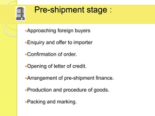 Pre-shipment stage :
Approaching foreign buyers
Enquiry and offer to importer
Confirmation of order.
Opening of letter of credit.
Arrangement of pre-shipment finance.
Production and procedure of goods.
Packing and marking.
 