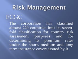 ECGC
The corporation has classified
almost 220 countries into its seven-
fold classification for country risk
assessment purposes and for
determining its premium rates
under the short, medium and long
term insurance covers issued by it.
 