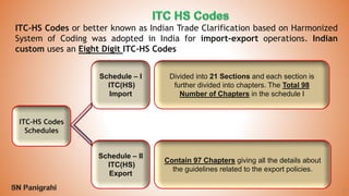 23
ITC-HS Codes
Schedules
Schedule – I
ITC(HS)
Import
Schedule – II
ITC(HS)
Export
Divided into 21 Sections and each section is
further divided into chapters. The Total 98
Number of Chapters in the schedule I
Contain 97 Chapters giving all the details about
the guidelines related to the export policies.
ITC-HS Codes or better known as Indian Trade Clarification based on Harmonized
System of Coding was adopted in India for import-export operations. Indian
custom uses an Eight Digit ITC-HS Codes
 