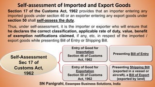 44
Self-assessment of Imported and Export Goods
Section 17 of the Customs Act, 1962 provides that an importer entering any
imported goods under section 46 or an exporter entering any export goods under
section 50 shall self-assess the duty.
Thus, under self-assessment, it is the importer or exporter who will ensure that
he declares the correct classification, applicable rate of duty, value, benefit
of exemption notifications claimed, if any, etc. in respect of the imported /
export goods while presenting Bill of Entry or Shipping Bill.
Entry of Good for
Importation
Section 46 of Customs
Act, 1962
Entry of Good for
Exportation
Section 50 of Customs
Act, 1962
Presenting Bill of Entry
Presenting Shipping Bill
(exported in a vessel or
aircraft), a Bill of Export
(exported by land)
Self-Assessment
Sec 17 of
Customs Act,
1962
 