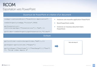 Ouverture de PowerPoint et création d’un document
comApp<-comCreateObject("PowerPoint.Application")                       Instancie une nouvelle application PowerPoint
comSetProperty(comApp,"Visible",TRUE)                                   Rend PowerPoint visible
pptPresentation<-                                                       Instancie un nouveau document dans
comInvoke(pptApp[["Presentations"]],"Add",-1)
                                                                         PowerPoint
pptSlides<-comGetProperty(pptPresentation,"Slides")

                                           Ecriture

pptCurrSlide<-comInvoke(pptSlides,"Add",1,11)

pptShapes<-pptCurrSlide[["Shapes"]]

pptCurrShape[["TextFrame"]][["TextRange"]][["Text"]
]<- "Slide créée depuis R"




                                          EXPORTS DE R VERS OFFICE                                              05/04/2013   19
 