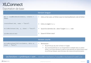 Version longue
wb <- loadWorkbook(chemin, create =         Crée un lien avec un fichier excel et éventuellement crée le fichier
TRUE)


createSheet(wb, name = "Data")              Crée un onglet Data

writeWorksheet(wb, a, sheet = "Data")       Sauve les données de a dans l’onglet Data créé

saveWorkbook(wb)                            Sauve le fichier excel


                                        Version courte
writeWorksheetToFile(chemin, data a,        Remarques :
sheet = "Data")                                      Ne permet pas de créer le fichier ni l’onglet
                                                     Pas recommandé dans le cas d’exportations multiples dans un même
                                                      fichier, car R lance plusieurs scripts en Java destinés au même fichier excel
                                                      et ça finit par bloquer, peut-être pour des raisons de synchronisation



  Les fonctions « symétriques » sont … readWorksheet / readWorksheetFromFile

                                            EXPORTS DE R VERS OFFICE                                                   05/04/2013     4
 