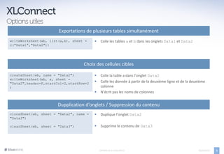 Exportations de plusieurs tables simultanément
writeWorksheet(wb, list(a,b), sheet =        Colle les tables a et b dans les onglets Data1 et Data2
c("Data1","Data2"))




                                   Choix des cellules cibles

createSheet(wb, name = "Data2")              Colle la table a dans l’onglet Data2
writeWorksheet(wb, a, sheet =
"Data2",header=F,startCol=2,startRow=2
                                             Colle les donnée à partir de la deuxième ligne et de la deuxième
)                                             colonne
                                             N’écrit pas les noms de colonnes


                       Dupplication d’onglets / Suppression du contenu
cloneSheet(wb, sheet = "Data2", name =       Duplique l’onglet Data2
"Data3")

clearSheet(wb, sheet = "Data3")              Supprime le contenu de Data3




                                             EXPORTS DE R VERS OFFICE                                     05/04/2013   5
 