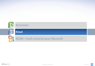 XLConnect

R2wd

RCOM : l’outil universel pour Microsoft




                     EXPORTS DE R VERS OFFICE   05/04/2013   8
 