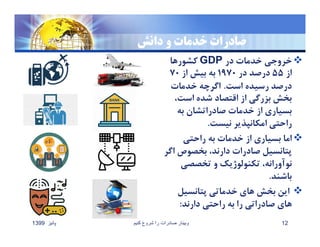 ‫دانش‬ ‫و‬ ‫خدمات‬ ‫صادرات‬
‫در‬ ‫خدمات‬ ‫خروجي‬GDP‫كشورها‬
‫از‬٥٥‫در‬ ‫درصد‬١٩٧٠‫از‬ ‫بيش‬ ‫به‬٧٠
‫است‬ ‫رسيده‬ ‫درصد‬.‫خدمات‬ ‫اگرچه‬
،‫است‬ ‫شده‬ ‫اقتصاد‬ ‫از‬ ‫بزرگي‬ ‫بخش‬
‫به‬ ‫صادراتشان‬ ‫خدمات‬ ‫از‬ ‫بسياري‬
‫نيست‬ ‫امكانپذير‬ ‫راحتي‬.
‫راحتي‬ ‫به‬ ‫خدمات‬ ‫از‬ ‫بسياري‬ ‫اما‬
‫بخصوص‬ ،‫دارند‬ ‫صادرات‬ ‫پتانسيل‬‫اگر‬
‫تخصصي‬ ‫و‬ ‫تكنولوژيك‬ ،‫نوآورانه‬
‫باشند‬.
‫پتانسيل‬ ‫خدماتي‬ ‫هاي‬ ‫بخش‬ ‫اين‬
‫دارند‬ ‫راحتي‬ ‫به‬ ‫را‬ ‫صادراتي‬ ‫هاي‬:
‫پائيز‬1399 ‫کنيم‬ ‫شروع‬ ‫را‬ ‫صادرات‬ ‫وبينار‬ 12
 
