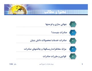 ‫مطالب‬ ‫و‬ ‫محتوا‬
‫فرصتها‬ ‫و‬ ‫سازي‬ ‫جهاني‬ ١
‫چيست؟‬ ‫صادرات‬ ٢
‫صادرات‬‫خدمات‬/‫بنيان‬ ‫دانش‬ ‫محصوﻻت‬ ٣
‫مخاطرات‬ ،‫مزايا‬)‫ريسكها‬(‫صادرات‬ ‫چالشهاي‬ ‫و‬ ۴
‫پائيز‬1399 ‫كنيم‬ ‫شروع‬ ‫را‬ ‫صادرات‬ ‫وبينار‬ 5
‫صادرات‬ ‫مقررات‬ ‫و‬ ‫قوانين‬ ۵
 