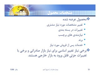 ‫محصول‬ ‫مشخصات‬
‫شده‬ ‫عرضه‬ ‫محصول‬
‫مشتري‬ ‫نياز‬ ‫مورد‬ ‫مشخصات‬ ‫تغيير‬
‫بندي‬ ‫بسته‬ ‫در‬ ‫تغييرات‬
‫برچسب‬ ‫هاي‬ ‫نيازمندي‬
‫برند‬
‫نياز‬ ‫مورد‬ ‫فروش‬ ‫از‬ ‫پس‬ ‫خدمات‬
‫برخ‬ ‫و‬ ‫صادراتي‬ ‫بازار‬ ‫نياز‬ ‫براي‬ ‫اساسي‬ ‫تغيير‬ ‫نياز‬ ‫برخي‬‫با‬ ‫ي‬
‫هستند‬ ‫خارجي‬ ‫بازار‬ ‫به‬ ‫ورود‬ ‫قابل‬ ‫جزئي‬ ‫تغييرات‬.
‫پائيز‬1399 ‫كنيم‬ ‫شروع‬ ‫را‬ ‫صادرات‬ ‫وبينار‬ 51
 