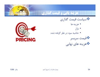 ‫گذاري‬ ‫قيمت‬ ‫و‬ ‫يابي‬ ‫هزينه‬
‫گذاري‬ ‫قيمت‬ ‫سياست‬
•‫ها‬ ‫هزينه‬
•‫بازار‬
•‫شده‬ ‫گرفته‬ ‫نظر‬ ‫در‬ ‫سود‬ ‫حاشيه‬
‫سربسر‬ ‫قيمت‬
‫نهايي‬ ‫هاي‬ ‫هزينه‬
‫پائيز‬1399 ‫كنيم‬ ‫شروع‬ ‫را‬ ‫صادرات‬ ‫وبينار‬ 54
 