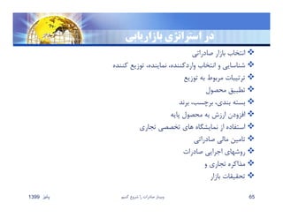 ‫بازاريابي‬ ‫استراتژي‬ ‫در‬
‫صادراتي‬ ‫بازار‬ ‫انتخاب‬
‫كننده‬ ‫توزيع‬ ،‫نماينده‬ ،‫واردكننده‬ ‫انتخاب‬ ‫و‬ ‫شناسايي‬
‫توزيع‬ ‫به‬ ‫مربوط‬ ‫ترتيبات‬
‫محصول‬ ‫تطبيق‬
‫برند‬ ،‫برچسب‬ ،‫بندي‬ ‫بسته‬
‫پايه‬ ‫محصول‬ ‫به‬ ‫ارزش‬ ‫افزودن‬
‫تجاري‬ ‫تخصصي‬ ‫هاي‬ ‫نمايشگاه‬ ‫از‬ ‫استفاده‬
‫صادراتي‬ ‫مالي‬ ‫تامين‬
‫صادرات‬ ‫اجرايي‬ ‫روشهاي‬
‫و‬ ‫تجاري‬ ‫مذاكره‬
‫بازار‬ ‫تحقيقات‬
‫پائيز‬1399 ‫كنيم‬ ‫شروع‬ ‫را‬ ‫صادرات‬ ‫وبينار‬ 65
 