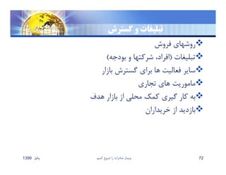 ‫گسترش‬ ‫و‬ ‫تبليغات‬
‫فروش‬ ‫روشهاي‬
‫تبليغات‬)‫بودجه‬ ‫و‬ ‫شركتها‬ ،‫افراد‬(
‫بازار‬ ‫گسترش‬ ‫براي‬ ‫ها‬ ‫فعاليت‬ ‫ساير‬
‫تجاري‬ ‫هاي‬ ‫ماموريت‬
‫هدف‬ ‫بازار‬ ‫از‬ ‫محلي‬ ‫كمك‬ ‫گيري‬ ‫كار‬ ‫به‬
‫خريداران‬ ‫از‬ ‫بازديد‬
‫پائيز‬1399 ‫كنيم‬ ‫شروع‬ ‫را‬ ‫صادرات‬ ‫وبينار‬ 72
 