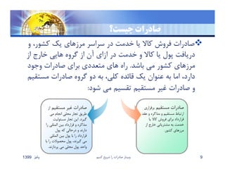 ‫چيست؟‬ ‫صادرات‬
‫و‬ ،‫كشور‬ ‫يك‬ ‫مرزهاي‬ ‫سراسر‬ ‫در‬ ‫خدمت‬ ‫يا‬ ‫كاﻻ‬ ‫فروش‬ ‫صادرات‬
‫از‬ ‫خارج‬ ‫هايي‬ ‫گروه‬ ‫از‬ ‫آن‬ ‫ازاي‬ ‫در‬ ‫خدمت‬ ‫و‬ ‫كاﻻ‬ ‫يا‬ ‫پول‬ ‫دريافت‬
‫باشد‬ ‫مي‬ ‫كشور‬ ‫مرزهاي‬.‫وجود‬ ‫صادرات‬ ‫براي‬ ‫متعددي‬ ‫هاي‬ ‫راه‬
‫مست‬ ‫صادرات‬ ‫گروه‬ ‫دو‬ ‫به‬ ،‫كلي‬ ‫قائده‬ ‫يك‬ ‫عنوان‬ ‫به‬ ‫اما‬ ،‫دارد‬‫قيم‬
‫شود‬ ‫مي‬ ‫تقسيم‬ ‫مستقيم‬ ‫غير‬ ‫صادرات‬ ‫و‬:
‫پائيز‬1399 ‫كنيم‬ ‫شروع‬ ‫را‬ ‫صادرات‬ ‫وبينار‬ 9
‫مستقيم‬ ‫صادرات‬‫برقرار‬‫ي‬
‫ع‬ ‫و‬ ‫مذاكره‬ ‫و‬ ‫مستقيم‬ ‫ارتباط‬‫قد‬
‫يا‬ ‫كاﻻ‬ ‫فروش‬ ‫براي‬ ‫قرارداد‬
‫از‬ ‫خارج‬ ‫مشترياني‬ ‫به‬ ‫خدمت‬
‫كشور‬ ‫مرزهاي‬.
‫مستقيم‬ ‫غير‬ ‫صادرات‬‫ا‬‫ز‬
‫مي‬ ‫انجام‬ ‫محلي‬ ‫تجار‬ ‫طريق‬
‫گيرد‬.‫مسئوليت‬ ‫تجار‬ ‫اين‬
‫المللي‬ ‫بين‬ ‫قرارداد‬ ‫و‬ ‫مذاكره‬‫را‬
‫پول‬ ‫كه‬ ‫درحالي‬ ‫و‬ ‫دارند‬
‫الملل‬ ‫بين‬ ‫پول‬ ‫با‬ ‫را‬ ‫قرارداد‬‫ي‬
‫ر‬ ‫محصوﻻت‬ ‫پول‬ ،‫گيرند‬ ‫مي‬‫با‬ ‫ا‬
‫پردازند‬ ‫مي‬ ‫محلي‬ ‫پول‬ ‫واحد‬.
 