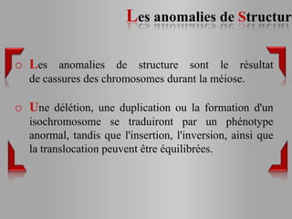 Les anomalies de Structure

o Les anomalies de structure sont le résultat
  de cassures des chromosomes durant la méiose.

o Une délétion, une duplication ou la formation d'un
  isochromosome se traduiront par un phénotype
  anormal, tandis que l'insertion, l'inversion, ainsi que
  la translocation peuvent être équilibrées.
 