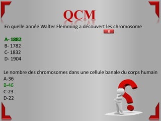 QCM
En quelle année Walter Flemming a découvert les chromosome
                                            R

A- 1882
B- 1782
C- 1832
D- 1904

Le nombre des chromosomes dans une cellule banale du corps humain
A-36
B-46
C-23
D-22
 