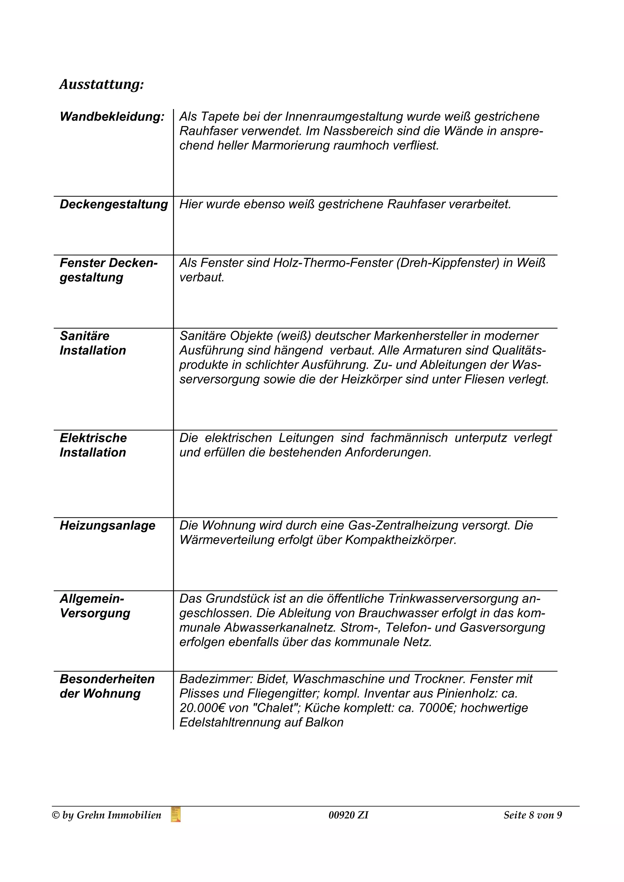 Ausstattung:

 Wandbekleidung:        Als Tapete bei der Innenraumgestaltung wurde weiß gestrichene
                        Rauhfaser verwendet. Im Nassbereich sind die Wände in anspre-
                        chend heller Marmorierung raumhoch verfliest.



 Deckengestaltung Hier wurde ebenso weiß gestrichene Rauhfaser verarbeitet.



 Fenster Decken-        Als Fenster sind Holz-Thermo-Fenster (Dreh-Kippfenster) in Weiß
 gestaltung             verbaut.



 Sanitäre               Sanitäre Objekte (weiß) deutscher Markenhersteller in moderner
 Installation           Ausführung sind hängend verbaut. Alle Armaturen sind Qualitäts-
                        produkte in schlichter Ausführung. Zu- und Ableitungen der Was-
                        serversorgung sowie die der Heizkörper sind unter Fliesen verlegt.



 Elektrische            Die elektrischen Leitungen sind fachmännisch unterputz verlegt
 Installation           und erfüllen die bestehenden Anforderungen.




 Heizungsanlage         Die Wohnung wird durch eine Gas-Zentralheizung versorgt. Die
                        Wärmeverteilung erfolgt über Kompaktheizkörper.



 Allgemein-             Das Grundstück ist an die öffentliche Trinkwasserversorgung an-
 Versorgung             geschlossen. Die Ableitung von Brauchwasser erfolgt in das kom-
                        munale Abwasserkanalnetz. Strom-, Telefon- und Gasversorgung
                        erfolgen ebenfalls über das kommunale Netz.

 Besonderheiten         Badezimmer: Bidet, Waschmaschine und Trockner. Fenster mit
 der Wohnung            Plisses und Fliegengitter; kompl. Inventar aus Pinienholz: ca.
                        20.000€ von "Chalet"; Küche komplett: ca. 7000€; hochwertige
                        Edelstahltrennung auf Balkon




© by Grehn Immobilien                             00920 ZI                       Seite 8 von 9
 