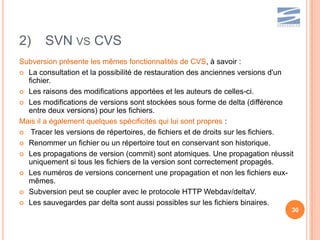 2)     SVN VS CVS
Subversion présente les mêmes fonctionnalités de CVS, à savoir :
 La consultation et la possibilité de restauration des anciennes versions d'un
  fichier.
 Les raisons des modifications apportées et les auteurs de celles-ci.

 Les modifications de versions sont stockées sous forme de delta (différence
  entre deux versions) pour les fichiers.
Mais il a également quelques spécificités qui lui sont propres :
 Tracer les versions de répertoires, de fichiers et de droits sur les fichiers.

 Renommer un fichier ou un répertoire tout en conservant son historique.

 Les propagations de version (commit) sont atomiques. Une propagation réussit
  uniquement si tous les fichiers de la version sont correctement propagés.
 Les numéros de versions concernent une propagation et non les fichiers eux-
  mêmes.
 Subversion peut se coupler avec le protocole HTTP Webdav/deltaV.

 Les sauvegardes par delta sont aussi possibles sur les fichiers binaires.
                                                                               30
 