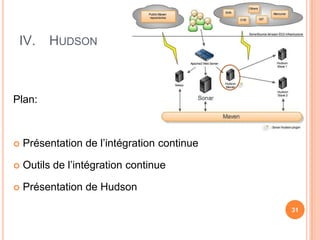 IV.     HUDSON



Plan:



   Présentation de l’intégration continue

   Outils de l’intégration continue

   Présentation de Hudson

                                             31
 