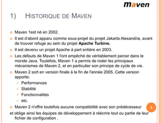 1)       HISTORIQUE DE MAVEN

   Maven 1est né en 2002.
   Il est d’abord apparu comme sous-projet du projet Jakarta Alexandria, avant
    de trouver refuge au sein du projet Apache Turbine.
   Il est devenu un projet Apache à part entière en 2003.
   Les défauts de Maven 1 l'ont empêché de véritablement percer dans le
    monde Java. Toutefois, Maven 1 a permis de roder les principaux
    mécanismes de Maven 2, et en particulier son principe de cycle de vie.
   Maven 2 sort en version finale à la fin de l'année 2005. Cette version
    apporte:
      Performances
      Stabilité
      Fonctionnalités
      etc.
   Maven 2 n'offre toutefois aucune compatibilité avec son prédécesseur         5
et oblige ainsi les équipes de développement à réécrire tout ou partie de leur
   fichier de configuration .
 