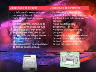 Dispositivos de bloques Dispositivos de caracteres 
• La información se almacena en 
bloques de tamaño fijo. 
• Cada bloque tiene su propia 
dirección. 
• Los tamaños más comunes de 
los bloques van desde los 128 
bytes hasta los 1.024 bytes. 
• Se puede leer o escribir en un 
bloque de forma independiente 
de los demás, en cualquier 
momento. 
• Un ejemplo típico de dispositivos 
de bloque son los discos. 
• La información se transfiere 
como un flujo de caracteres, sin 
sujetarse a una estructura de 
bloques. 
• No se pueden utilizar 
direcciones. 
• No tienen una operación de 
búsqueda. 
• Un ejemplo típico de dispositivos 
de caracter son las impresoras 
de línea, terminales, interfaces 
de una red, ratones, etc. 
 