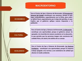 ECONOMICO
MACROENTORNO
CULTURAL
ECOLOGICO
Para el Centro de Spa y Cámaras de Bronceado, El Presupuesto
General del Estado constituyen una amenaza, porque el país
sigue endeudándose, especialmente con la China, para cubrir
su déficit fiscal, especialmente por la baja del petróleo, lo que
implica que el gobierno aplique nuevos impuestos a la
población.
Para el Centro de Spa y Cámaras de Bronceado, la Educación,
constituye una oportunidad, porque el gobierno actual, ha
apoyado y ha invertido de manera excelente en la educación,
lo que permite que las personas tengan más conciencia del
cuidado físico, de salud y de estética de su cuerpo.
Para el Centro de Spa y Cámaras de Bronceado, los Factores
Ecológicos, constituyen una oportunidad, porque la empresa
trabaja apegado a las normas y con estándares de calidad que
afecten el medio ambiente.
 