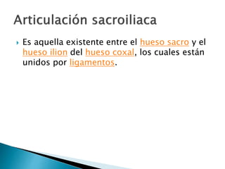  Es aquella existente entre el hueso sacro y el
hueso ilion del hueso coxal, los cuales están
unidos por ligamentos.
 
