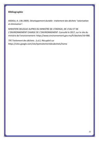 22
Bibliographie
ADDOU, A. ( 06-2009). Développement durable : traitement des déchets "valorisation
et élimination".
MINISTERE DELEGUE AUPRES DU MINISTRE DE L’ENERGIE, DE L’EAU ET DE
L’ENVIRONNEMENT CHARGE DE L’ENVIRONNEMENT. Consulté le 2017, sur le site du
ministre de l'environnement: https://www.environnement.gov.ma/fr/dechets?id=986
TPE Traitement des déchets . (s.d.). Récupéré sur
https://sites.google.com/site/tpetraitementdesdechets/home
 