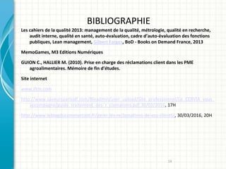 BIBLIOGRAPHIE
Les cahiers de la qualité 2013: management de la qualité, métrologie, qualité en recherche,
audit interne, qualité en santé, auto-évaluation, cadre d’auto-évaluation des fonctions
publiques, Lean management, Gilbert Farges, BoD - Books on Demand France, 2013
MemoGames, M3 Editions Numériques
GUION C., HALLIER M. (2010). Prise en charge des réclamations client dans les PME
agroalimentaires. Mémoire de fin d’études.
Site internet
www.iftm.com
http://www.saveursparisidf.com/fileadmin/user_upload/Site_professionnel/Le_CERVIA_vous_
accompagne/guide_traitement_des_r_clamations.pdf,30/03/2016, 17H
http://www.leblogducommercant.fr/gerer-les-reclamations-de-vos-clients/, 30/03/2016, 20H
14
 