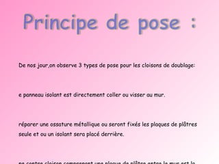De nos jour,on observe 3 types de pose pour les cloisons de doublage: Le panneau isolant est directement coller ou visser au mur. Préparer une ossature métallique ou seront fixés les plaques de plâtres seule et ou un isolant sera placé derrière.  Une contre cloison comprenant une plaque de plâtre entre le mur est la contre cloison. 