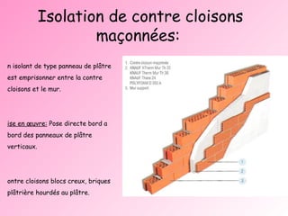 Isolation de contre cloisons maçonnées:  Un isolant de type panneau de plâtre est emprisonner entre la contre cloisons et le mur. Mise en œuvre:  Pose directe bord a bord des panneaux de plâtre verticaux. Contre cloisons blocs creux, briques plâtrière hourdés au plâtre. Prix de l’isolant au m 2  : De 2,20 à 7,10 €/m 2  . 