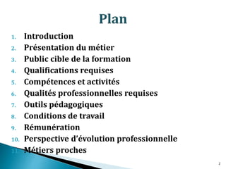 1. Introduction
2. Présentation du métier
3. Public cible de la formation
4. Qualifications requises
5. Compétences et activités
6. Qualités professionnelles requises
7. Outils pédagogiques
8. Conditions de travail
9. Rémunération
10. Perspective d’évolution professionnelle
11. Métiers proches
2
 