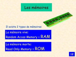 Les mémoires Il existe 2 types de mémoires: La mémoire vive: Random Acces Memory =  RAM La mémoire morte: Read Only Memory =  ROM 