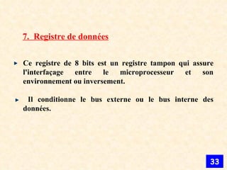 7.  Registre de données Ce registre de 8 bits est un registre tampon qui assure l'interfaçage entre le microprocesseur et son environnement ou inversement. Il conditionne le bus externe ou le bus interne des données. 