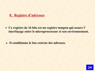 8.  Registre d’adresses Ce registre de 16 bits est un registre tampon qui assure l' interfaçage entre le microprocesseur et son environnement. Il conditionne le bus externe des adresses.   