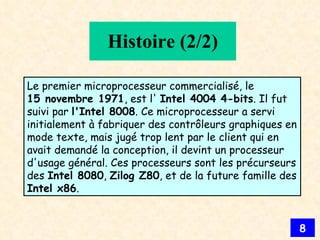 Histoire (2/2) Le premier microprocesseur commercialisé, le  15 novembre 1971 , est l'  Intel 4004 4-bits . Il fut suivi par  l'Intel 8008 . Ce microprocesseur a servi initialement à fabriquer des contrôleurs graphiques en mode texte, mais jugé trop lent par le client qui en avait demandé la conception, il devint un processeur d'usage général. Ces processeurs sont les précurseurs des  Intel 8080 ,  Zilog Z80 , et de la future famille des  Intel x86 .  