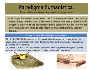 Paradigma humanistica.
Autorrealización, desarrollo y crecimiento personal
Los psicologos humanisticas y existenciales han intentado formular sus teorias
de naturaleza humana que se basan en atributos humanos y problemas de
existencia caracteristicos ocacionados por la condicion del ser humano los
actores mas reconocidos de este modelo son: Alport, Rogers, Maslow,
Fromm.
Influencias sobre la Psicologia Humanistica
DE LA PSICOLOGIA: Rechazo a las dos psicologias dominantes, conductismo y la
psicoanalisis, por ofrecer una visión del ser humano deshumanizada, reduccionista,
mecanista y determinista.
FACTORES SOCIALES Y CULTURALES: desanimo y desaciego tras la segunda guerra
mundial, la amenaza atomica, la guerra fria y la insatisfacción social.
 