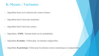 K-Means : Variantes
 Algorithme basé sur la sélection des centres initiaux .
 Algorithme basé Calcul des similarités.
 Algorithme basé Calcul des centres.
 Algorithme GMM : Variante basée sur les probabilités.
 Algorithme K-modes : Utilisé pour les données catégorielles.
 Algorithme K-prototype: Utilisé pour les données mixtes (numériques et catégorielles).
12
 
