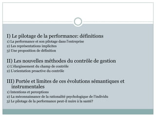 I) Le pilotage de la performance: définitions
1) La performance et son pilotage dans l’entreprise
2) Les représentations implicites
3) Une proposition de définition


II) Les nouvelles méthodes du contrôle de gestion
1) L’élargissement du champ de contrôle
2) L’orientation proactive du contrôle


III) Portée et limites de ces évolutions sémantiques et
  instrumentales
1) Intentions et perceptions
2) La méconnaissance de la rationalité psychologique de l’individu
3) Le pilotage de la performance peut-il nuire à la santé?
 