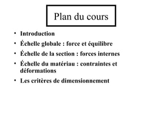 Plan du cours 
• Introduction 
• Échelle globale : force et équilibre 
• Échelle de la section : forces internes 
• Échelle du matériau : contraintes et 
déformations 
• Les critères de dimensionnement 
 