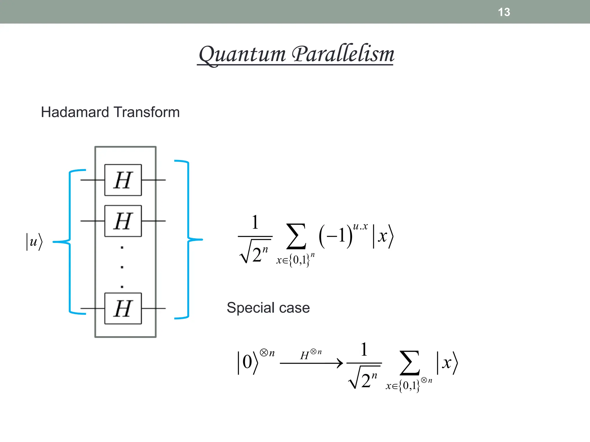 13
Hadamard Transform
.
.
.
u  
 
.
0,1
1
1
2 n
u x
n
x
x



Special case
 
0,1
1
0
2
n
n
n H
n
x
x





 
Quantum Parallelism
 