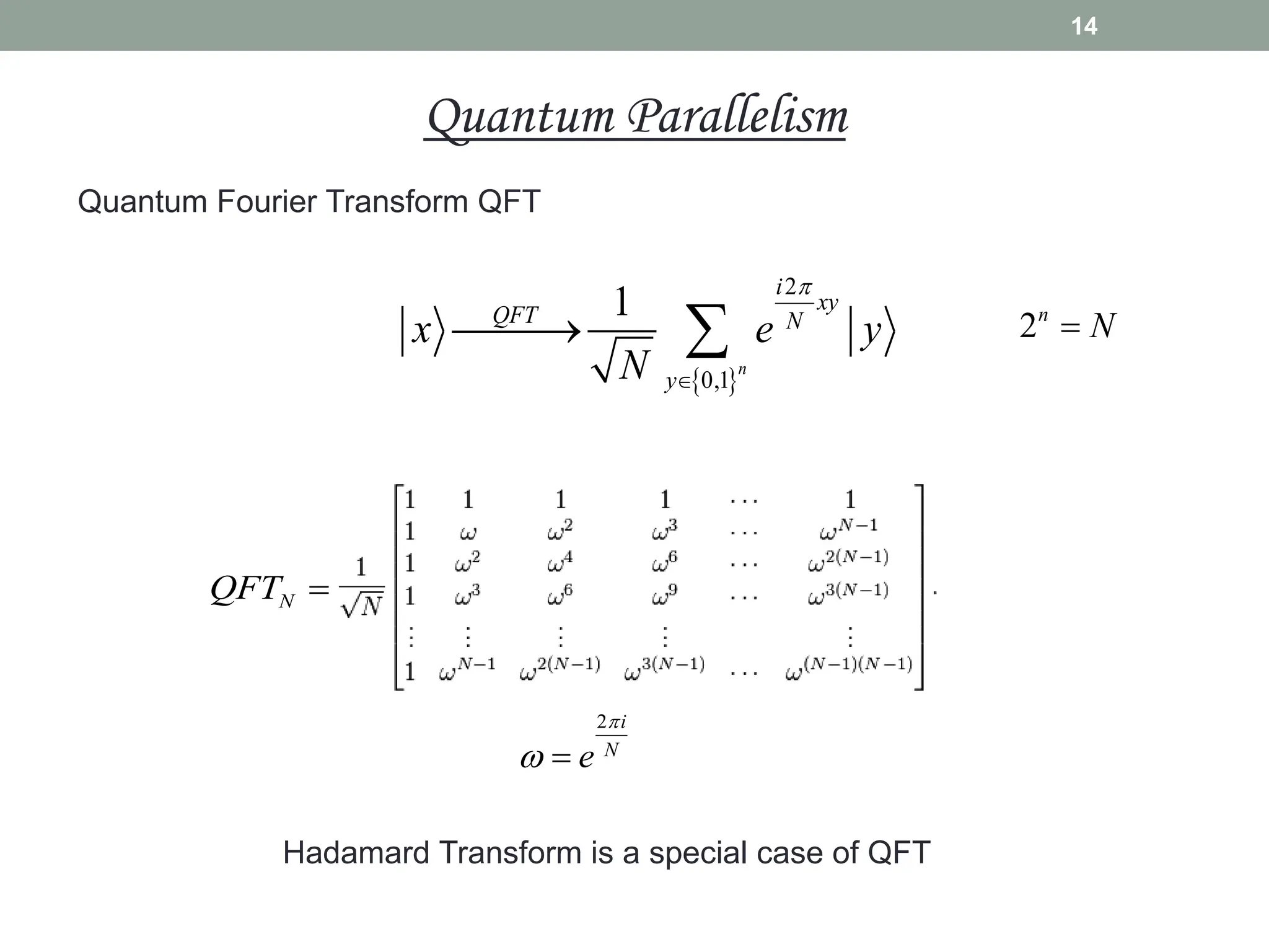 14
Quantum Parallelism
Quantum Fourier Transform QFT
N
QFT 
2 i
N
e

 
 
2
0,1
1
n
i
xy
QFT N
y
x e y
N



  2n
N

Hadamard Transform is a special case of QFT
 