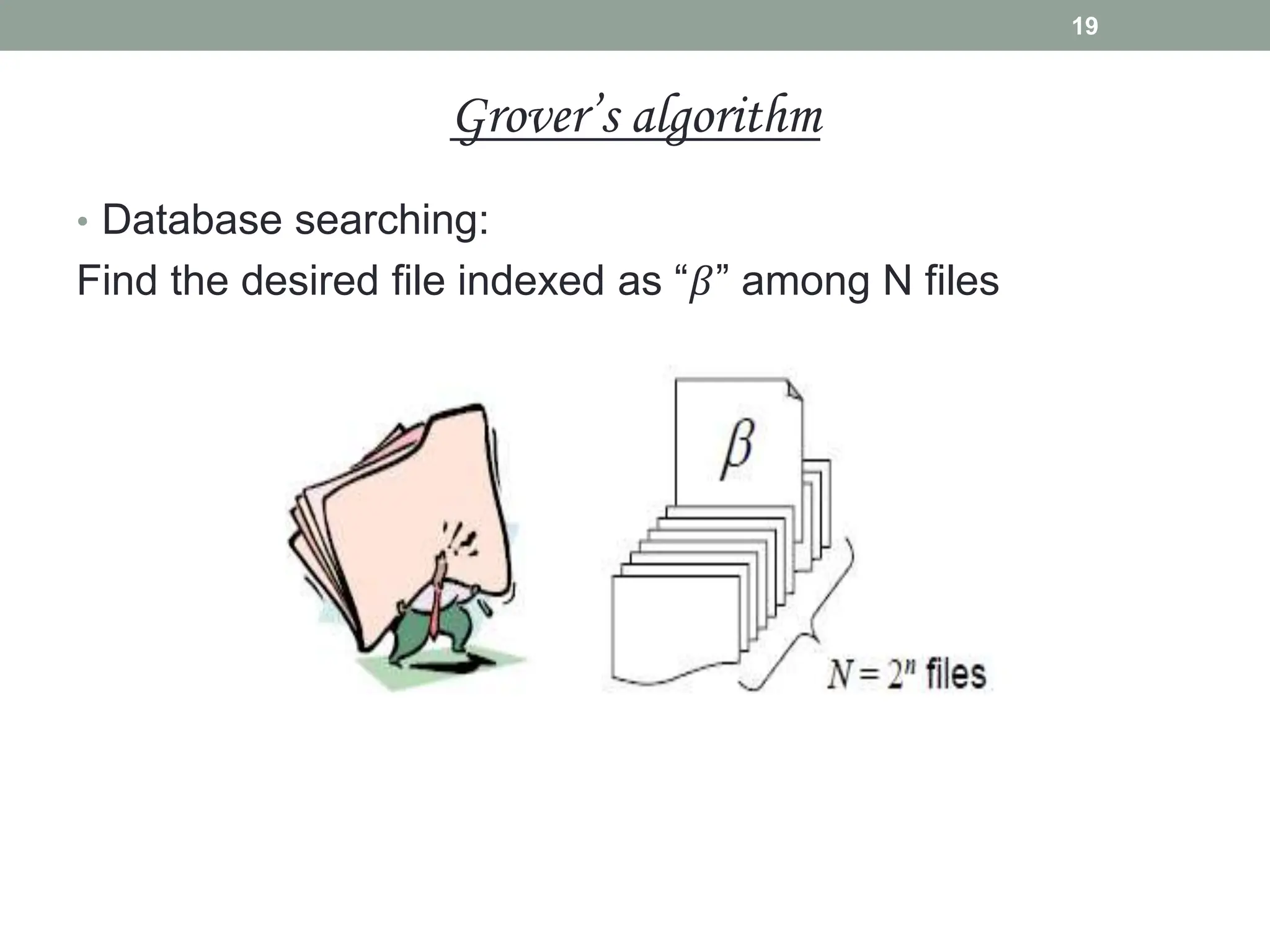 • Database searching:
Find the desired file indexed as “𝛽” among N files
19
Grover’s algorithm
 