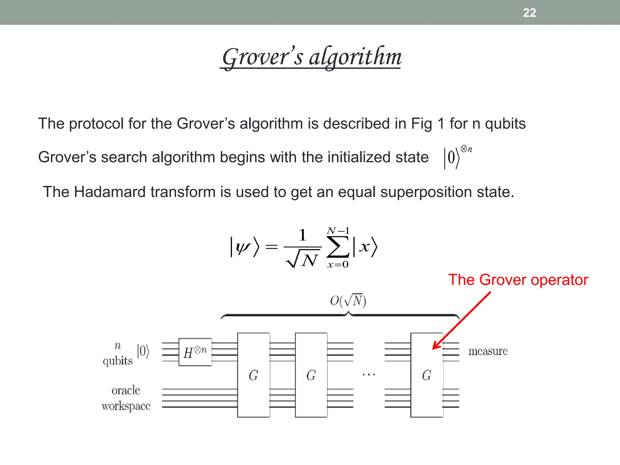 The protocol for the Grover’s algorithm is described in Fig 1 for n qubits
Grover’s search algorithm begins with the initialized state 0
n

The Hadamard transform is used to get an equal superposition state.
1
0
1 N
x
x
N



 
The Grover operator
22
Grover’s algorithm
 