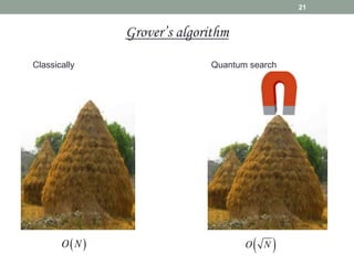 21
Grover’s algorithm
Classically Quantum search
 
O N  
O N
 