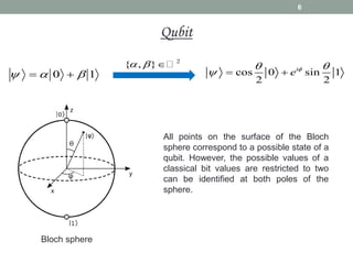 6
Qubit
Bloch sphere
cos 0 sin 1
2 2
i
e 
 
  
1
0 

 

All points on the surface of the Bloch
sphere correspond to a possible state of a
qubit. However, the possible values of a
classical bit values are restricted to two
can be identified at both poles of the
sphere.
2
{ , }
  
 