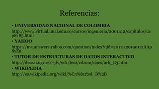 Referencias:
• UNIVERSIDAD NACIONAL DE COLOMBIA
http://www.virtual.unal.edu.co/cursos/ingenieria/2001412/capitulos/ca
p8/85.html
• YAHOO
https://mx.answers.yahoo.com/question/index?qid=20111129190121AAp
8yZn
• TUTOR DE ESTRUCTURAS DE DATOS INTERACTIVO
http://decsai.ugr.es/~jfv/ed1/tedi/cdrom/docs/arb_B3.htm
• WIKIPEDIA
http://es.wikipedia.org/wiki/%C3%81rbol_B%2B
 
