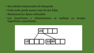 • Son árboles balanceados de búsqueda
• Cada nodo puede poseer más de dos hijos.
• Mantienen los datos ordenados
• Las inserciones y eliminaciones se realizan en tiempo
logarítmico amortizado.
 