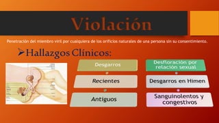 Violación
Penetración del miembro viril por cualquiera de los orificios naturales de una persona sin su consentimiento.
HallazgosClínicos:
 