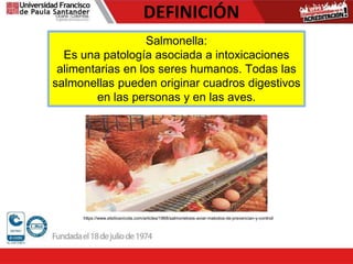 DEFINICIÓN
Salmonella:
Es una patología asociada a intoxicaciones
alimentarias en los seres humanos. Todas las
salmonellas pueden originar cuadros digestivos
en las personas y en las aves.
https://www.elsitioavicola.com/articles/1868/salmonelosis-aviar-matodos-de-prevencian-y-control/
 